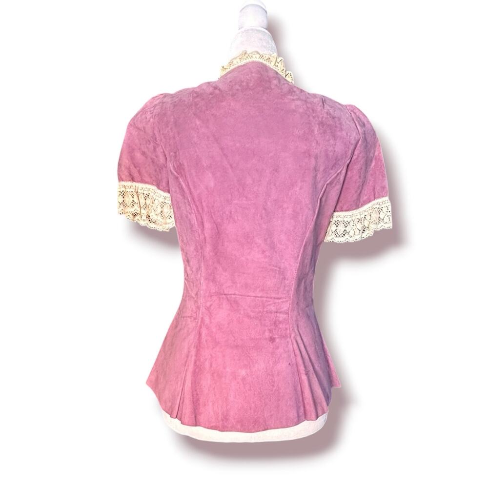 Vintage Pink Suede Lace Trim Western Prairie Blouse Peplum Romantic Leather Top - Picture 5 of 10